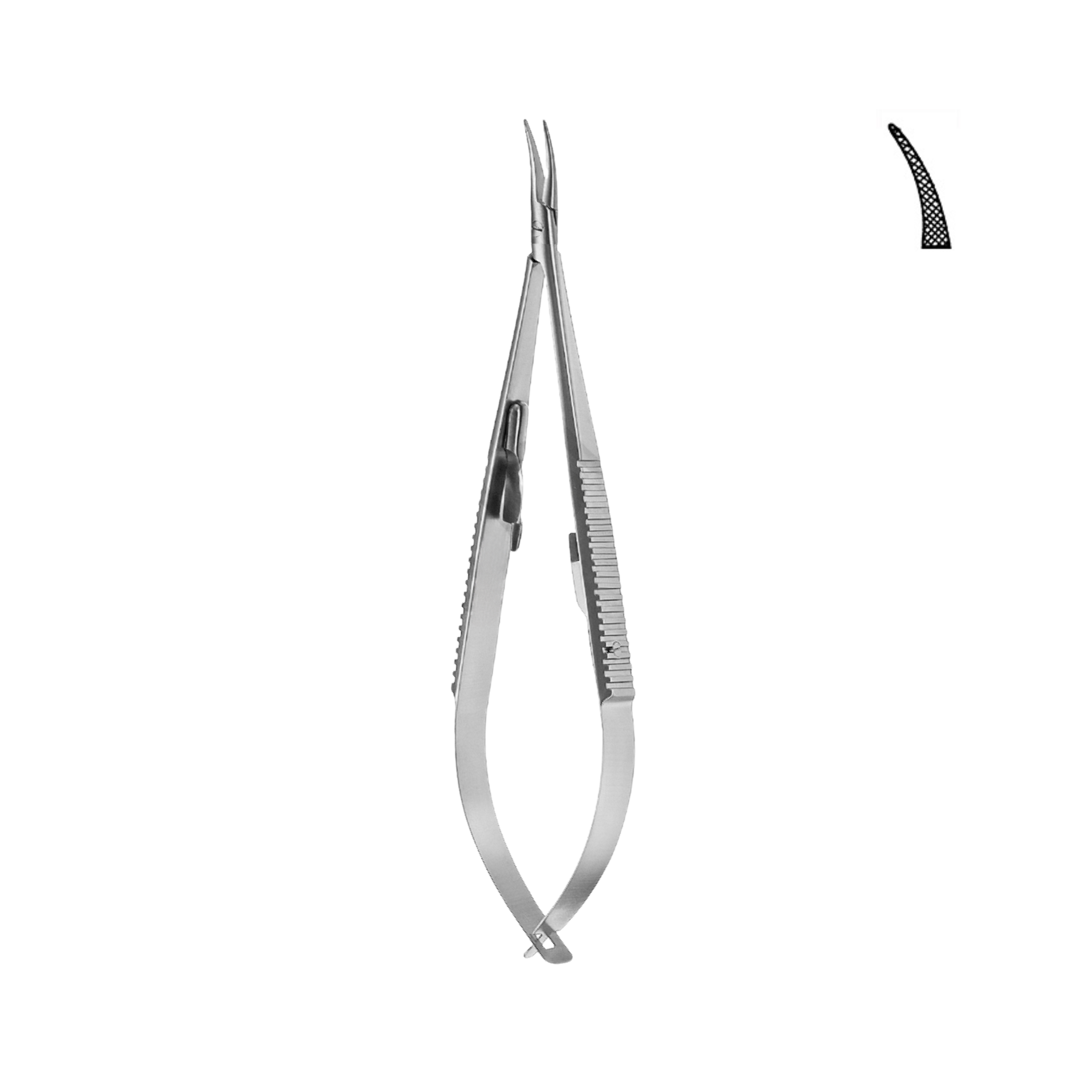Castroviejo Needle Holder, With Lock, Serrated, Curved, 14.0 cm (17-011-14)